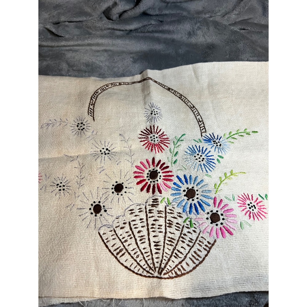 Vintage Unfinished Hand Embroidery Floral Linen Fabric Panel 24x18 Needlework
